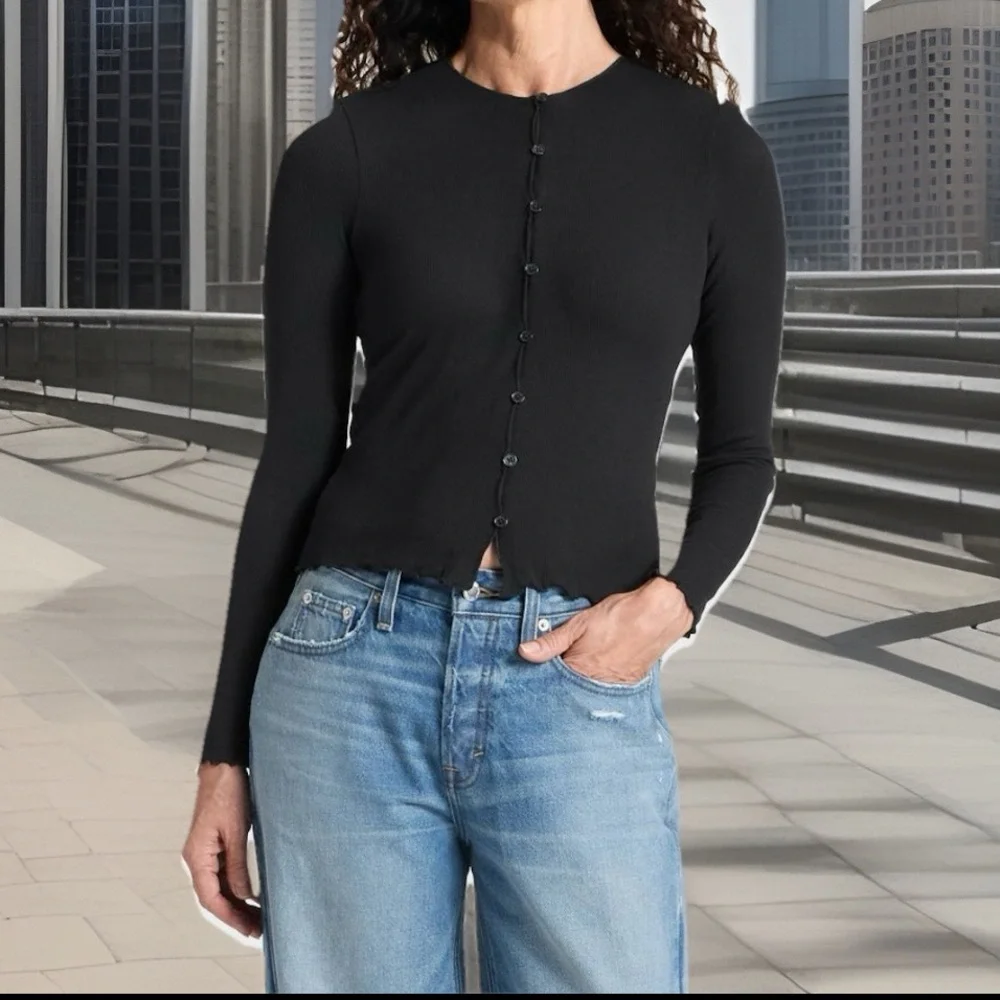 Cardigan Ribbed Full Length Button-Down Rayon Ribbed Trim Edges Long Length Hem